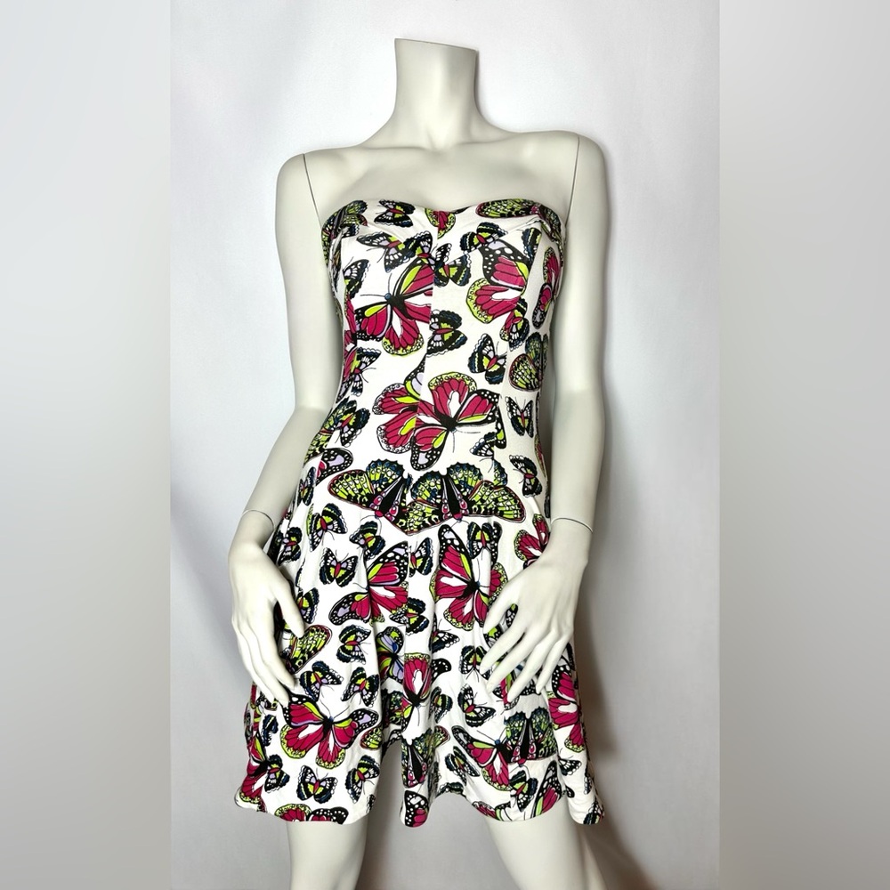 Betsey Johnson Dress Strapless Colorful Butterfly On White